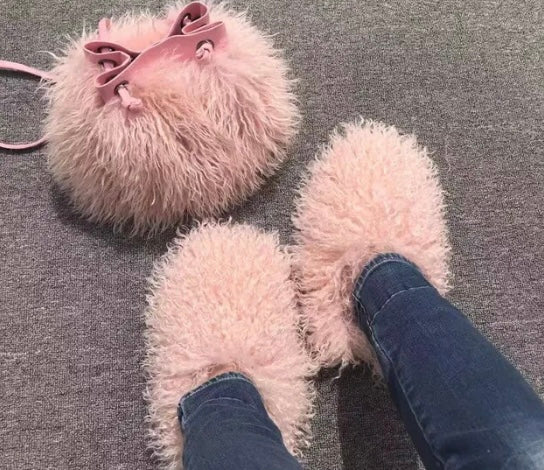 Fur Slippers and Bag Set